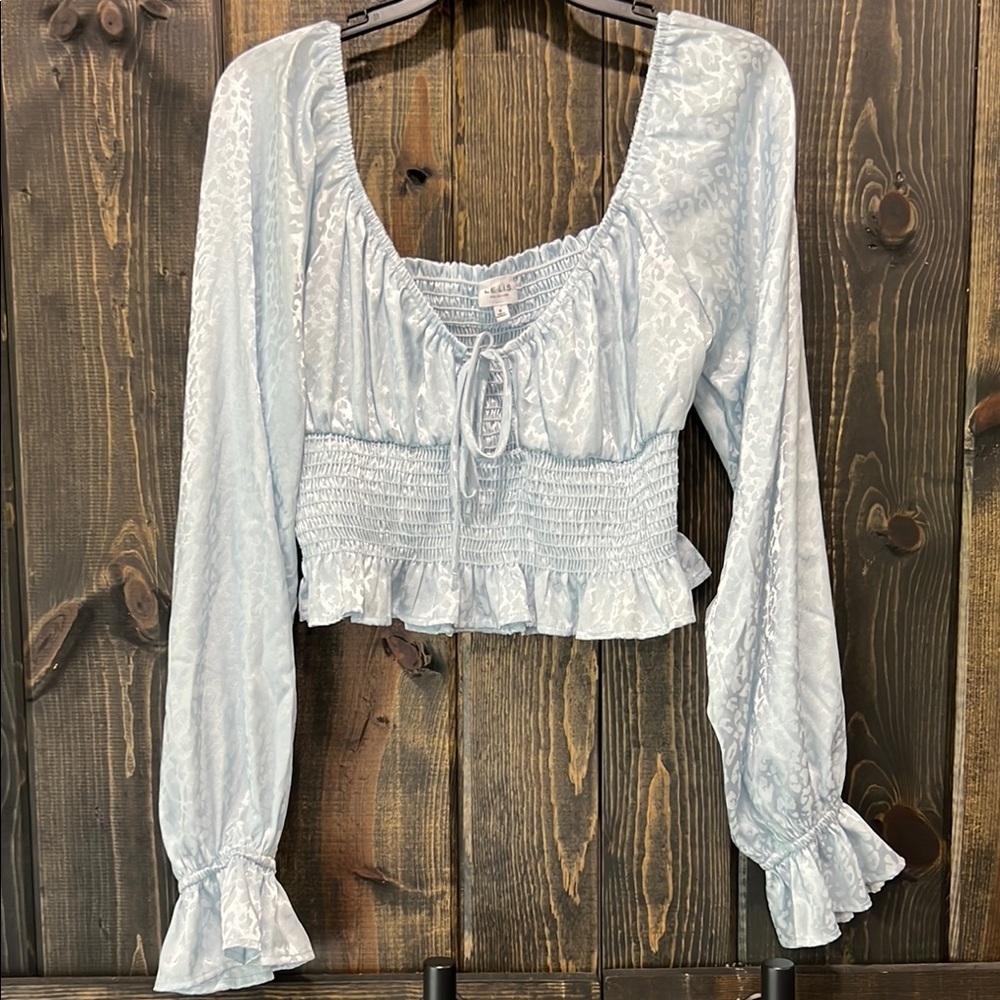 Le Lis Crop Top M Ice Blue Leopard Animal Print Long Sleeve Babydoll Y2K Smocked